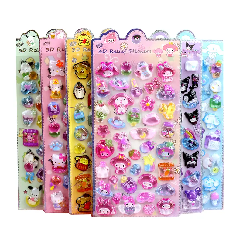 3D Stereoscopic Relief Crystal Sticker Children's Cartoon Sanrio Kuromi Melody Cinnamoroll KT Cat Sticker Children's Gift Toys