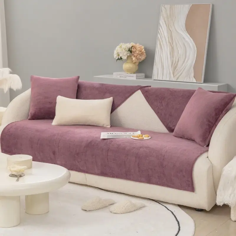 Thick Non-slip Sofa Towel Soft Quilted Plush Velvet Sectional Sofa Cover Solid Color Short Plush Couch Covers for Living Room