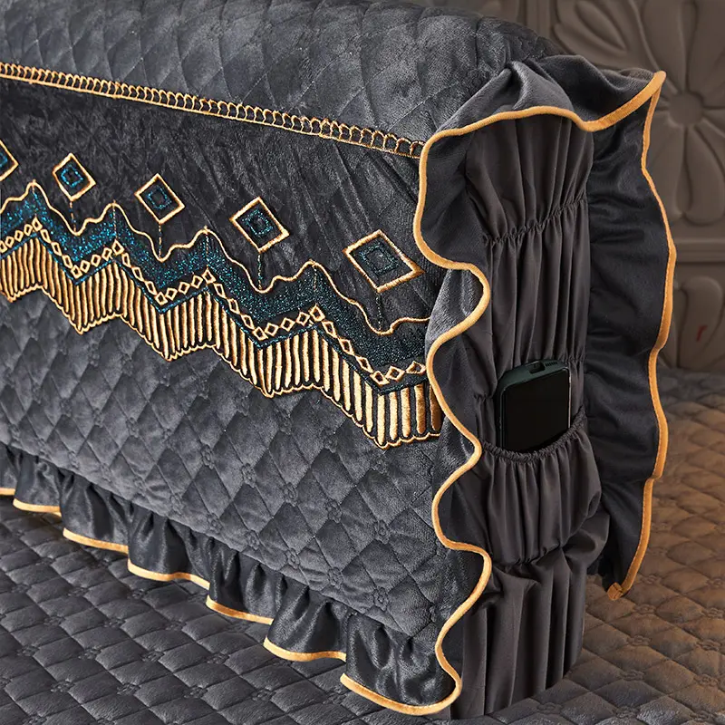 All-inclusive Lace Quilted Velvet Bed Head Cover Short Plush Quilted Headboard Cover Dustproof Bed Backrest Cover 220x60cm
