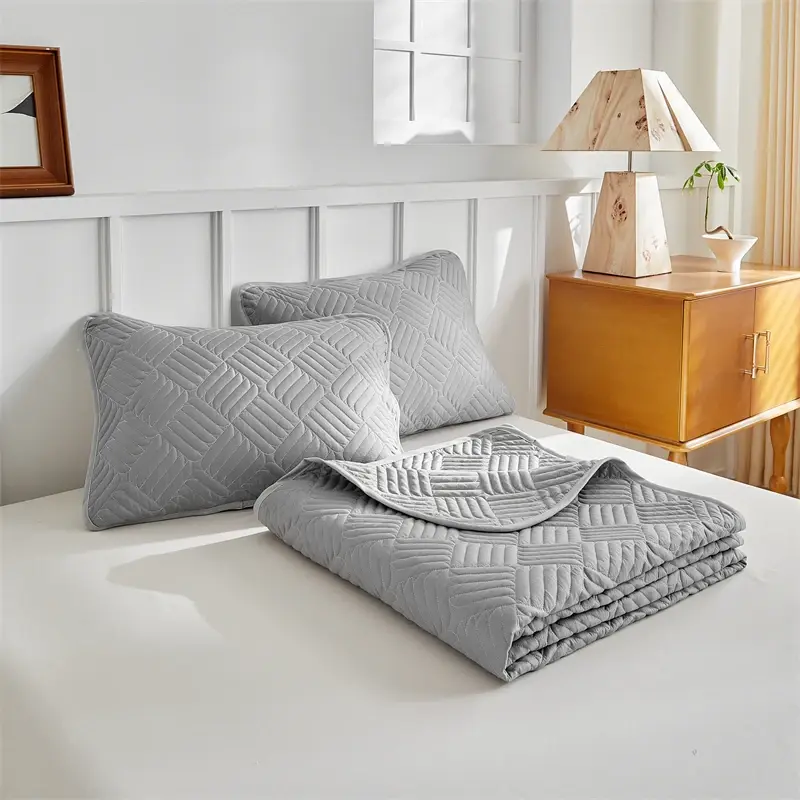 Quilted Bedspread Set Grey Beige Geometric Grid Pattern,Soft Polyester Thick Bed Cover+Pillowcase,Plain US Queen 264*230cm 3pcs