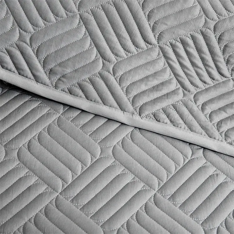 Quilted Bedspread Set Grey Beige Geometric Grid Pattern,Soft Polyester Thick Bed Cover+Pillowcase,Plain US Queen 264*230cm 3pcs