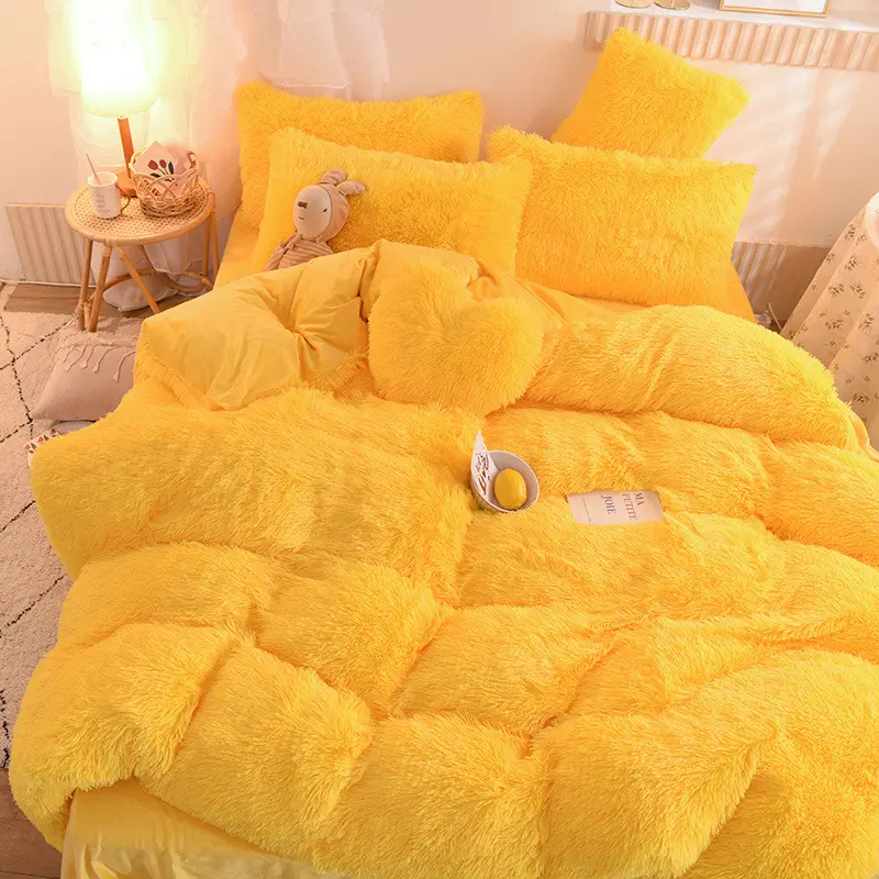 Winter Long Plush 4pcs Bedding Set Super Soft Velvet Quilt Cover Thicken Warm Flannel Bed Sheet Pillowcase Bed Set Queen Size