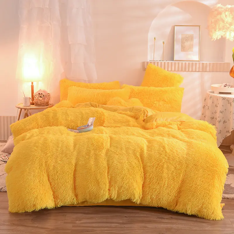 Winter Long Plush 4pcs Bedding Set Super Soft Velvet Quilt Cover Thicken Warm Flannel Bed Sheet Pillowcase Bed Set Queen Size