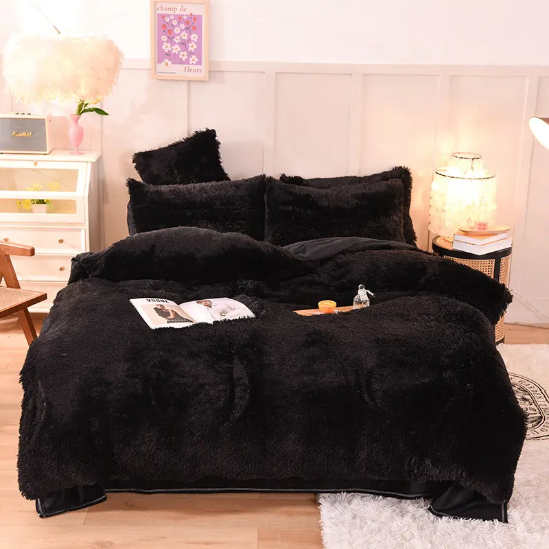 Winter Long Plush 4pcs Bedding Set Super Soft Velvet Quilt Cover Thicken Warm Flannel Bed Sheet Pillowcase Bed Set Queen Size