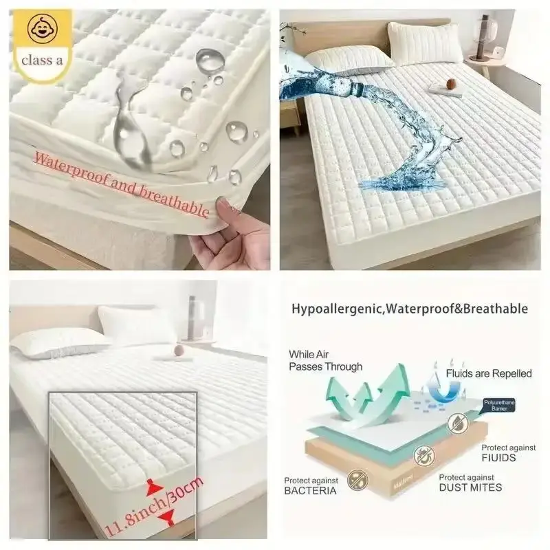 Waterproof Quilted Mattress Cover Solid Color Mattress Protector Cover for Bedroom Anti-bacterial Bed Cover no pillowcase