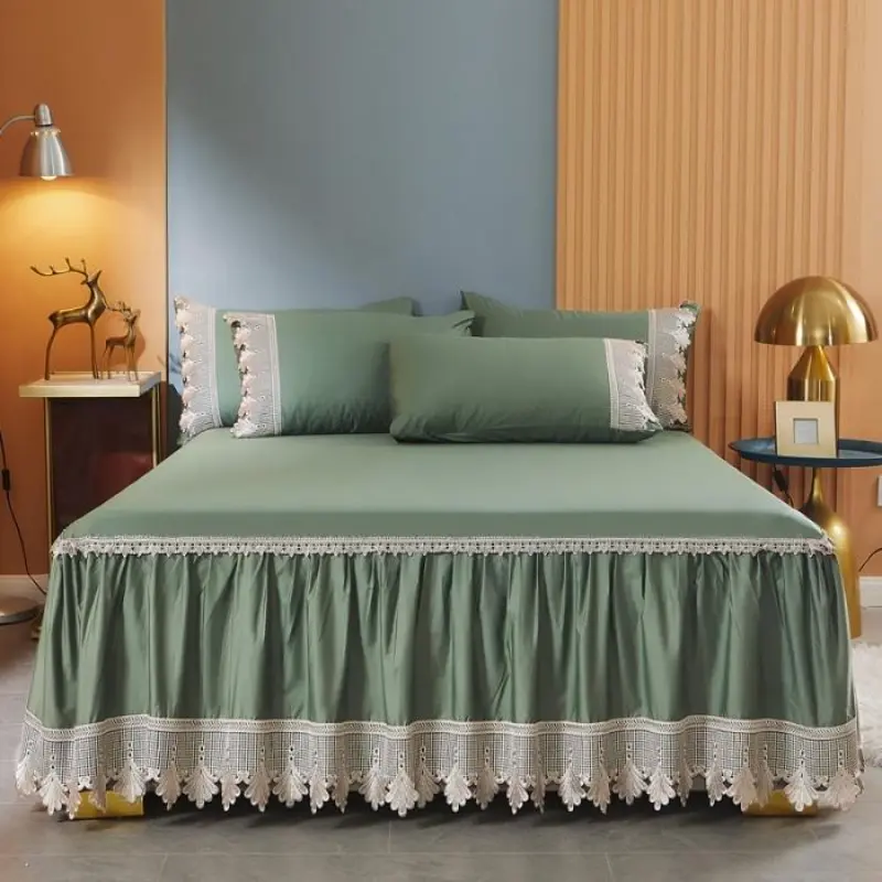 1pc Spring and summer soft and breathable long-staple cotton solid color lace bed skirt pillowcase needs to be bought separately