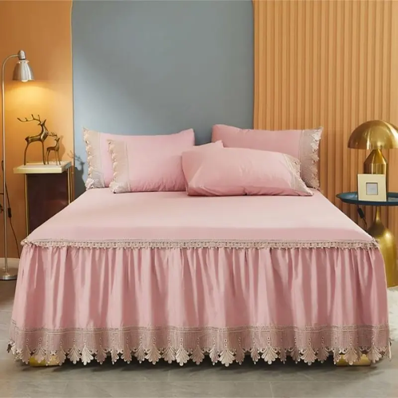 1pc Spring and summer soft and breathable long-staple cotton solid color lace bed skirt pillowcase needs to be bought separately