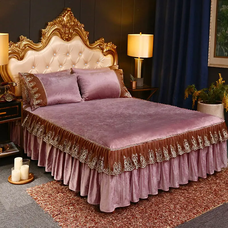 High Quality Luxury Thicken Velvet 4pcs Bedding Set Coral Fleece Bed Skirt Duvet Cover Pillowcase Plush Bed Set Queen Size