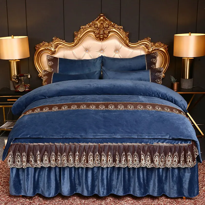 High Quality Luxury Thicken Velvet 4pcs Bedding Set Coral Fleece Bed Skirt Duvet Cover Pillowcase Plush Bed Set Queen Size