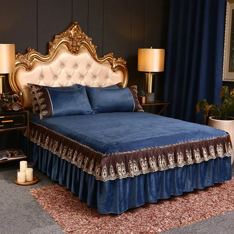 High Quality Luxury Thicken Velvet 4pcs Bedding Set Coral Fleece Bed Skirt Duvet Cover Pillowcase Plush Bed Set Queen Size