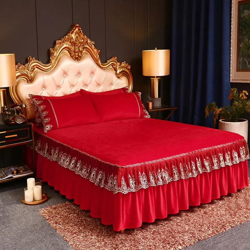 High Quality Luxury Thicken Velvet 4pcs Bedding Set Coral Fleece Bed Skirt Duvet Cover Pillowcase Plush Bed Set Queen Size