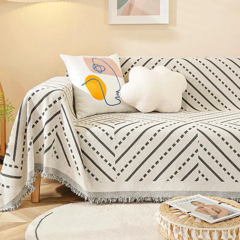 Art Deco Chenille Sofa Throw Covers – Machine Washable, Pet Friendly Stylish Geometric Design Throw with Fringe