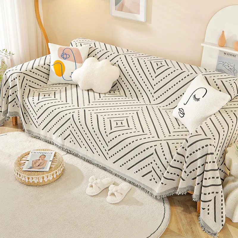 Art Deco Chenille Sofa Throw Covers – Machine Washable, Pet Friendly Stylish Geometric Design Throw with Fringe