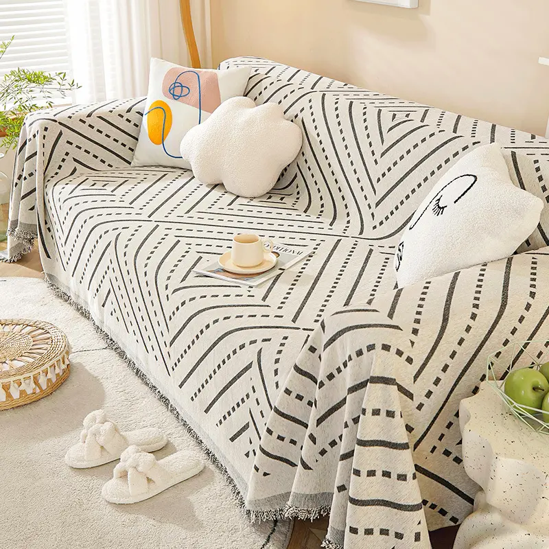 Art Deco Chenille Sofa Throw Covers – Machine Washable, Pet Friendly Stylish Geometric Design Throw with Fringe
