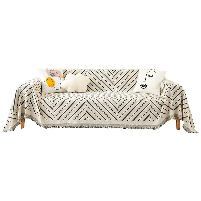 Art Deco Chenille Sofa Throw Covers – Machine Washable, Pet Friendly Stylish Geometric Design Throw with Fringe