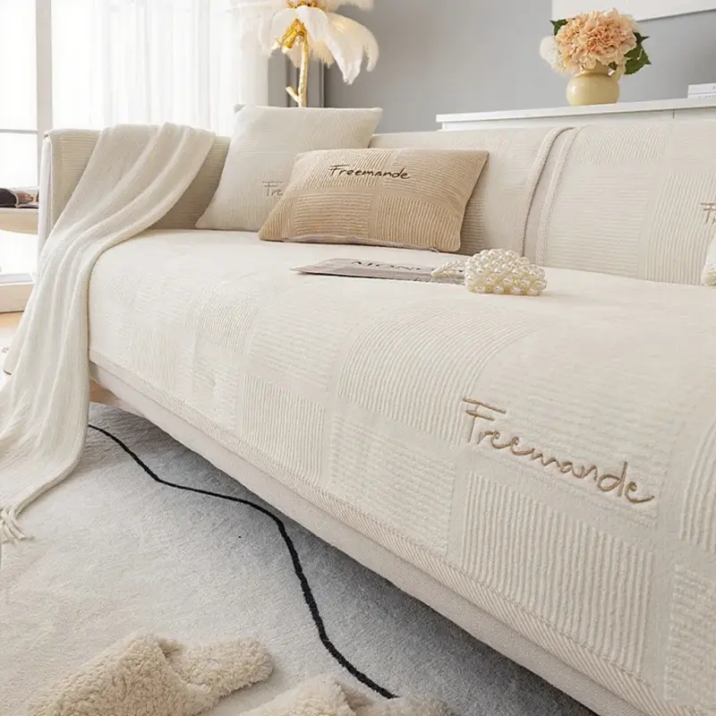 Solid Color Thick Plush Sofa Covers for Living Room Winter Super Soft Embroidered Sectional Sofa Towel Furniture Seat Cover