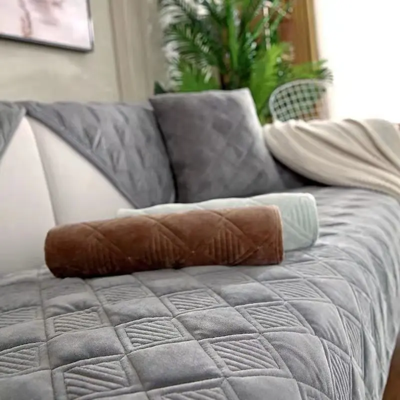 Short Plush Grey Color Sofa Towel European Brief Thicken Quilted Sofa Cover Slip Resistant European Couch Cover for Living Room