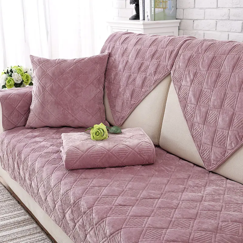 Short Plush Grey Color Sofa Towel European Brief Thicken Quilted Sofa Cover Slip Resistant European Couch Cover for Living Room