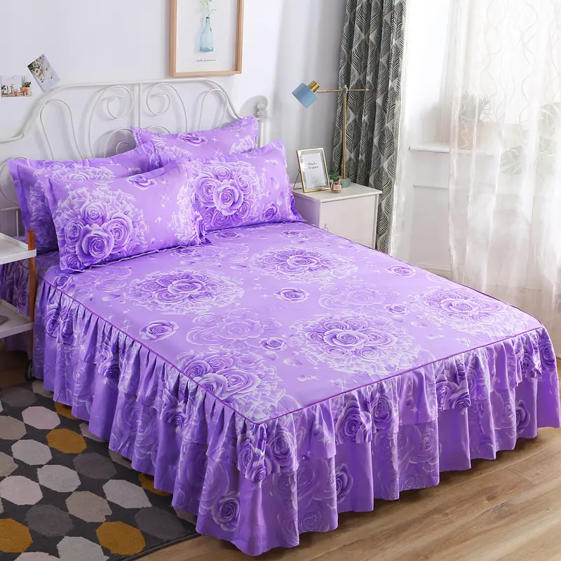 3pc Princess wind soft breathable polished bed skirt three-piece bed cover [bilateral bed skirt + a pair of pillowcases]