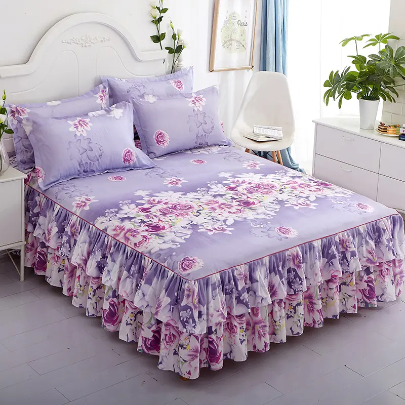 3pc Princess wind soft breathable polished bed skirt three-piece bed cover [bilateral bed skirt + a pair of pillowcases]