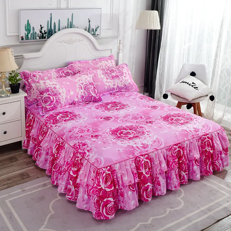 3pc Princess wind soft breathable polished bed skirt three-piece bed cover [bilateral bed skirt + a pair of pillowcases]