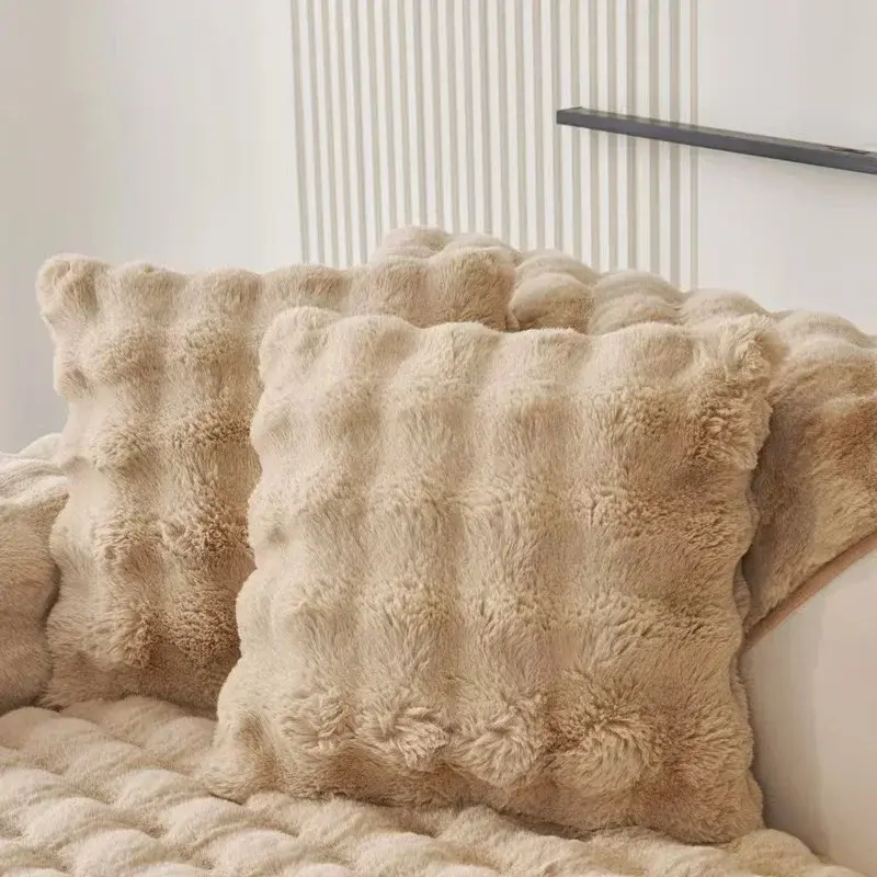 Winter Warm Super Soft Rabbit Plush Sofa Towel Thicken Bubble Velvet Non-slip Sectional Sofa Cover Non-slip L-shaped Couch Cover