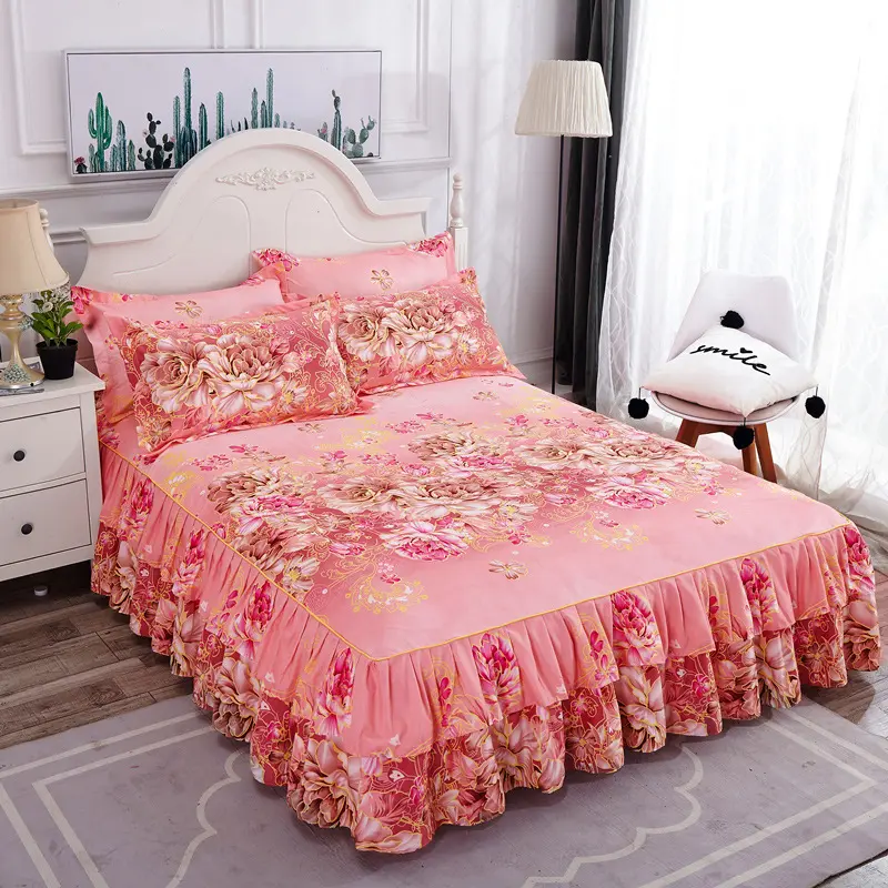3pc Princess wind soft breathable polished bed skirt three-piece bed cover [bilateral bed skirt + a pair of pillowcases]