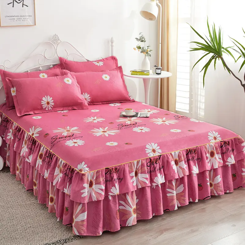 3pc Princess wind soft breathable polished bed skirt three-piece bed cover [bilateral bed skirt + a pair of pillowcases]