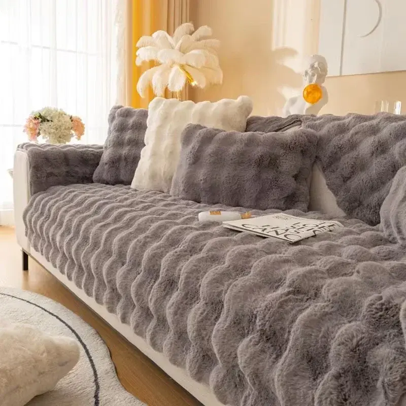 Winter Warm Super Soft Rabbit Plush Sofa Towel Thicken Bubble Velvet Non-slip Sectional Sofa Cover Non-slip L-shaped Couch Cover