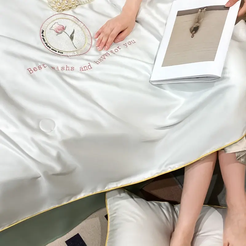 1pc Embroidery  Summer Cool Breathable Blanket Soft Smooth Ice Silk Quilt Air-conditioning Comforter