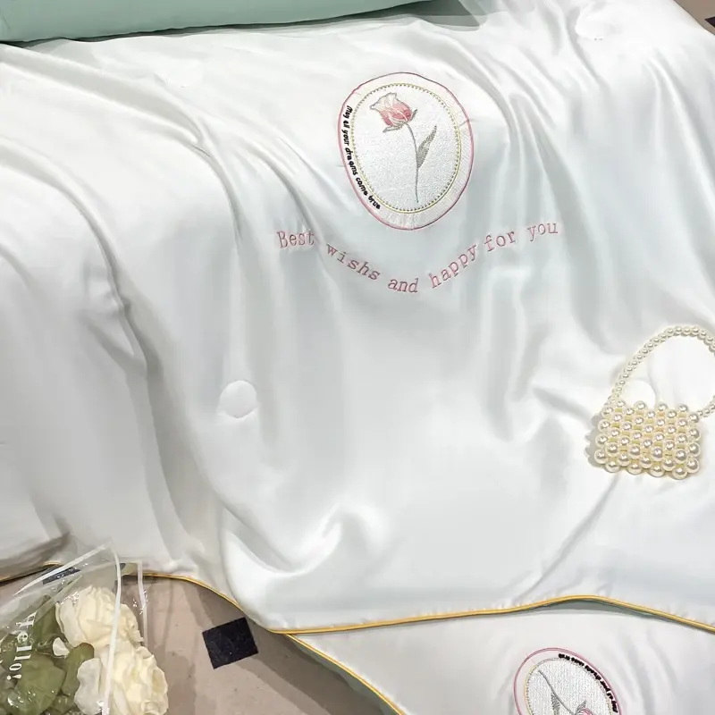 1pc Embroidery  Summer Cool Breathable Blanket Soft Smooth Ice Silk Quilt Air-conditioning Comforter