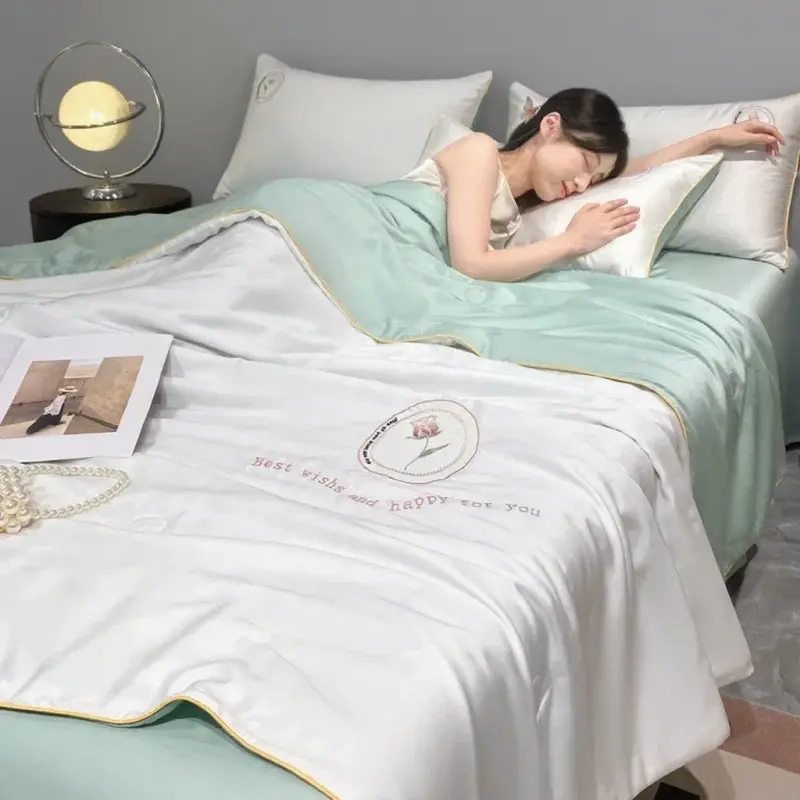 1pc Embroidery  Summer Cool Breathable Blanket Soft Smooth Ice Silk Quilt Air-conditioning Comforter