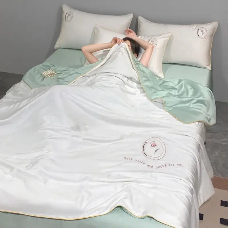 1pc Embroidery  Summer Cool Breathable Blanket Soft Smooth Ice Silk Quilt Air-conditioning Comforter