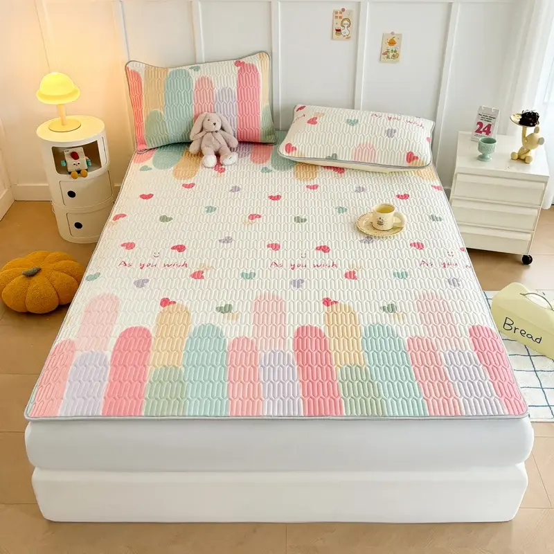 2/3pcs Latex Thicken Quilted Mattress Mat Summer Printed Cool Anti-slip Bed Sheet Cute Children Bedsheet with pillowcase