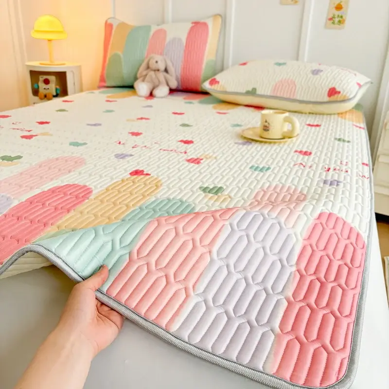 2/3pcs Latex Thicken Quilted Mattress Mat Summer Printed Cool Anti-slip Bed Sheet Cute Children Bedsheet with pillowcase