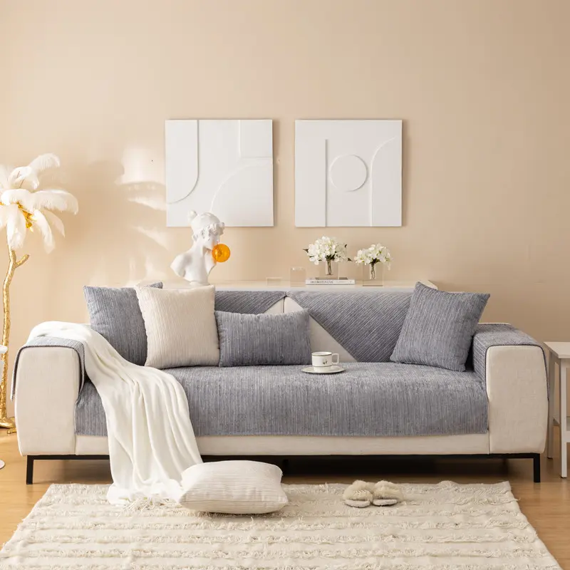 1Pcs Plush sofa cushion modern simple non-slip solid color striped sofa cushion towel large size optional