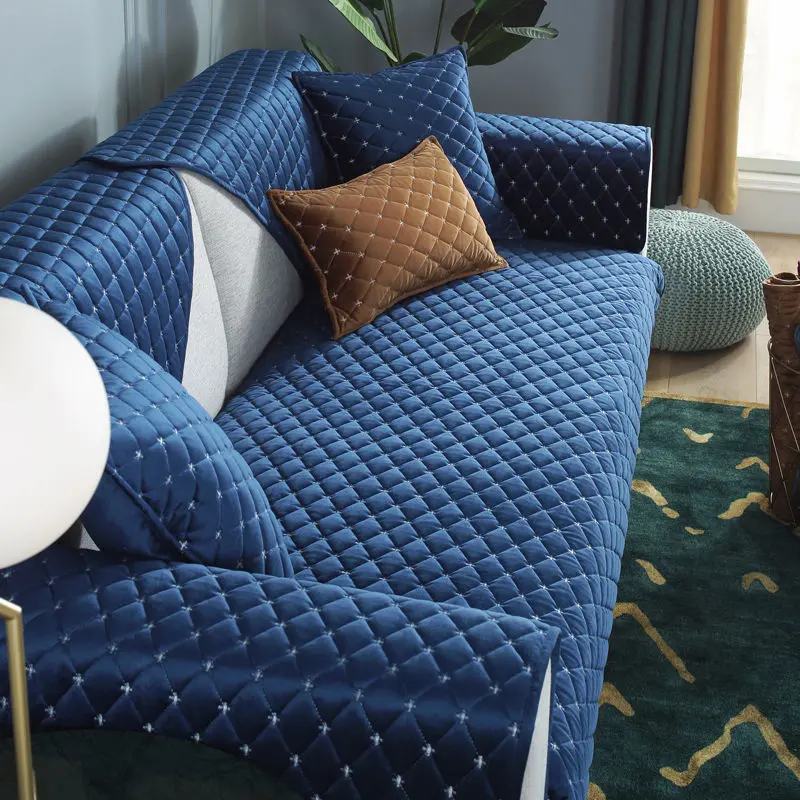 Thicken Quilted Plush Sofa Cover Solid Color Elegant Luxury Velvet Sofa Towel Embroidery Couch Cover for Living Room