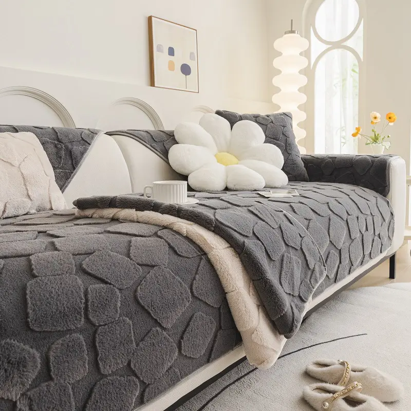 Square Sofa Cushion Plush Non-Slip Cover Cloth Set with Backrest Towel for Autumn and Winter, Sofa Cushion Slipcover