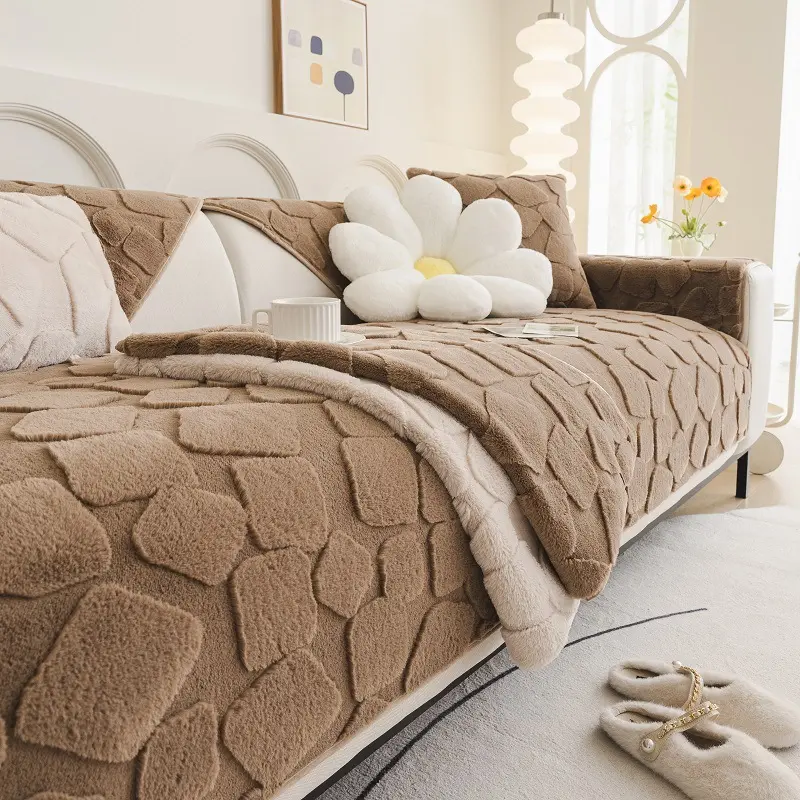 Square Sofa Cushion Plush Non-Slip Cover Cloth Set with Backrest Towel for Autumn and Winter, Sofa Cushion Slipcover