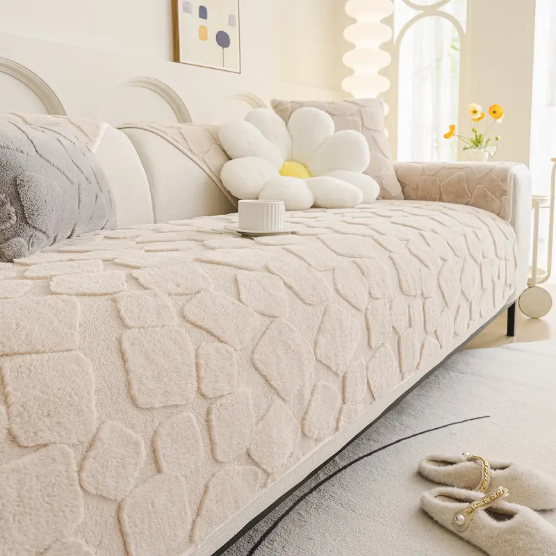 Square Sofa Cushion Plush Non-Slip Cover Cloth Set with Backrest Towel for Autumn and Winter, Sofa Cushion Slipcover