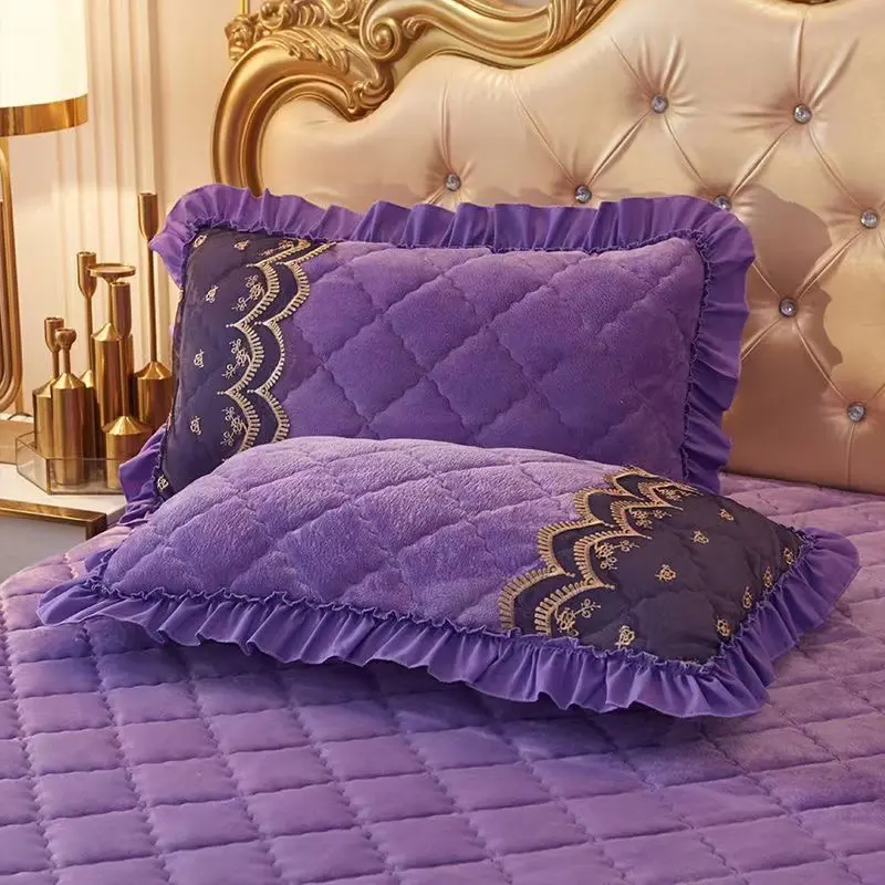 2pcs Quilted Velvet Pillow Cover Embroidered Lace European Solid Home Decor Winter Warm Soft Pillowcase 48x74cm