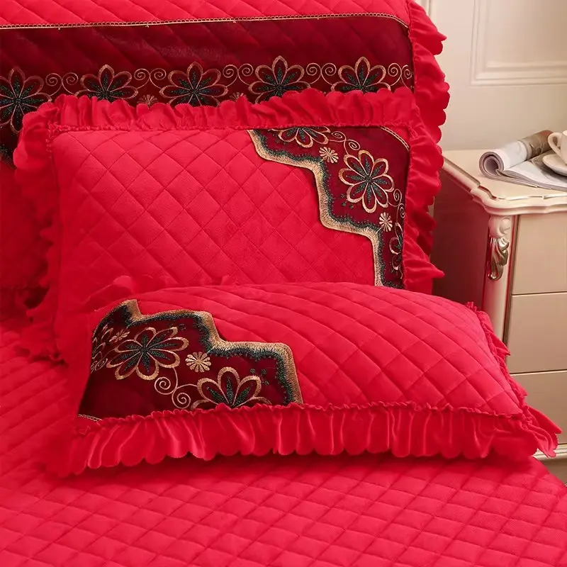 2pcs Quilted Velvet Pillow Cover Embroidered Lace European Solid Home Decor Winter Warm Soft Pillowcase 48x74cm