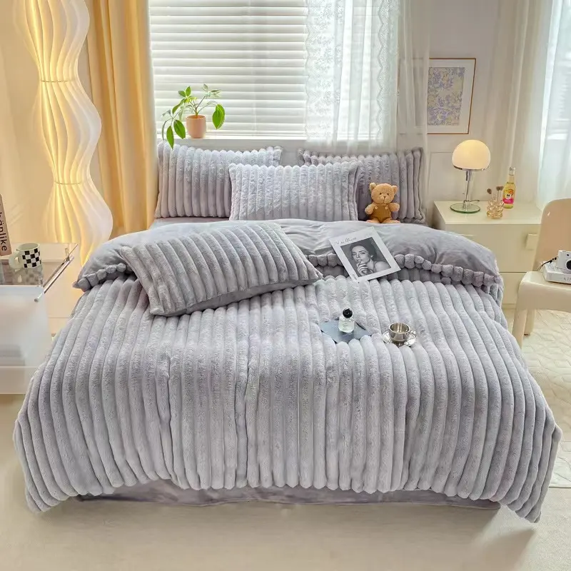 High Grade Rabbit Velvet 4pcs Bedding Set Winter Warm Luxury Soft Thick Plush Quilt Cover Coral Fleece Bed Sheet and Pillowcase