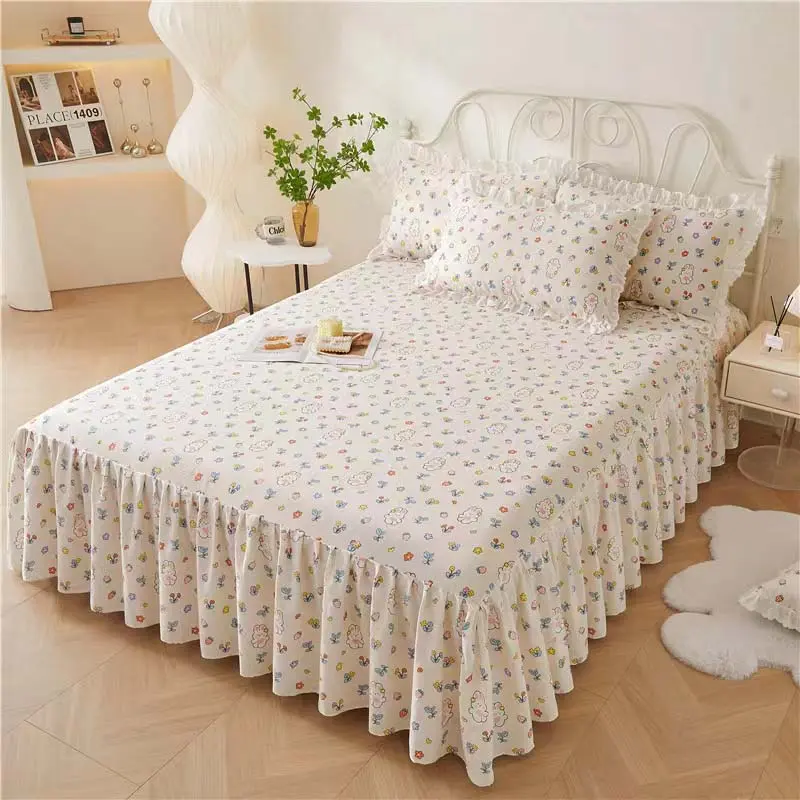 3pcs set Floral Printed Soft Bed Skirt 100% Cotton Bedspread Princess High Quality Pure Cotton Non-slip Bed Cover