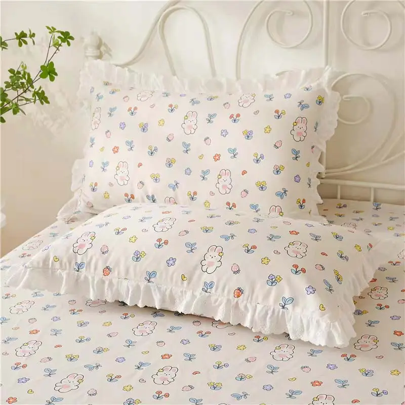 3pcs set Floral Printed Soft Bed Skirt 100% Cotton Bedspread Princess High Quality Pure Cotton Non-slip Bed Cover