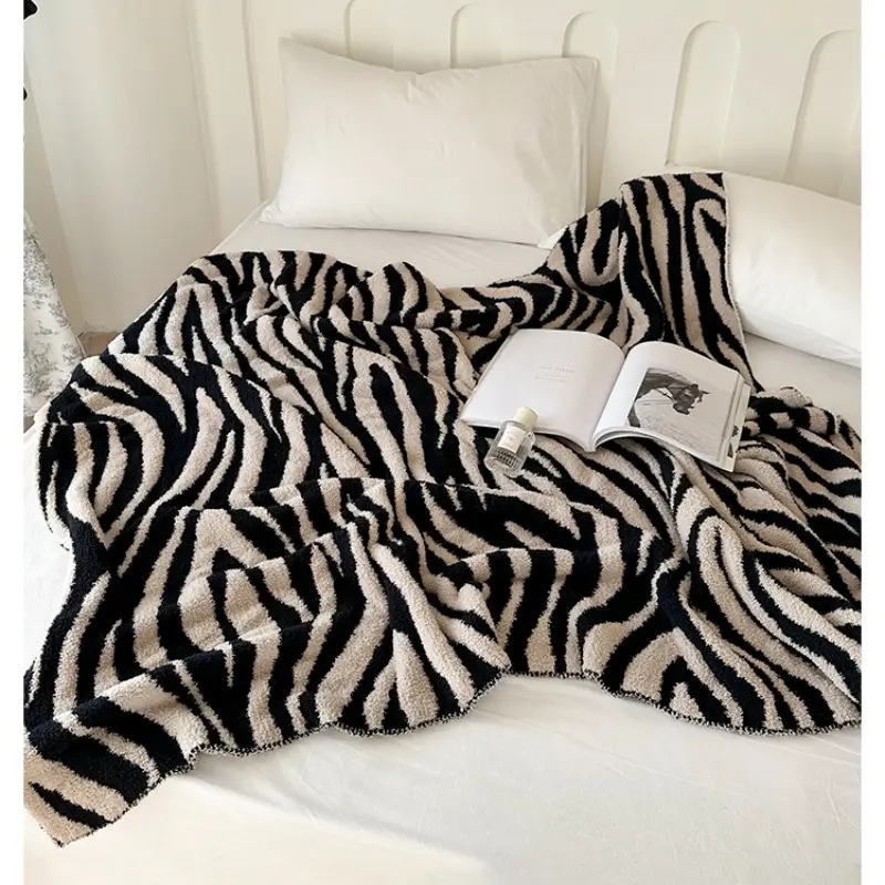 Nordic style zebra striped half flannel blanket, office nap blanket  sofa decorative blanket, air travel blanket