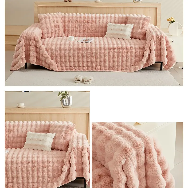 1pc Rabbit plush sofa towel bubble plush thickened non-slip plush seat cushion sofa cover winter sofa cover cushion