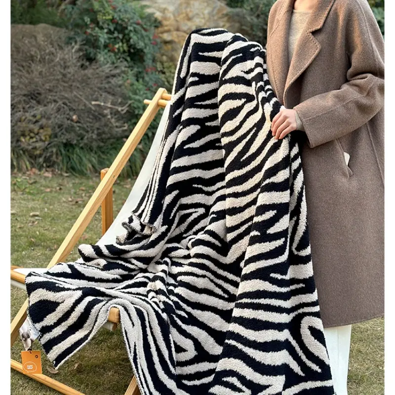 Nordic style zebra striped half flannel blanket, office nap blanket  sofa decorative blanket, air travel blanket