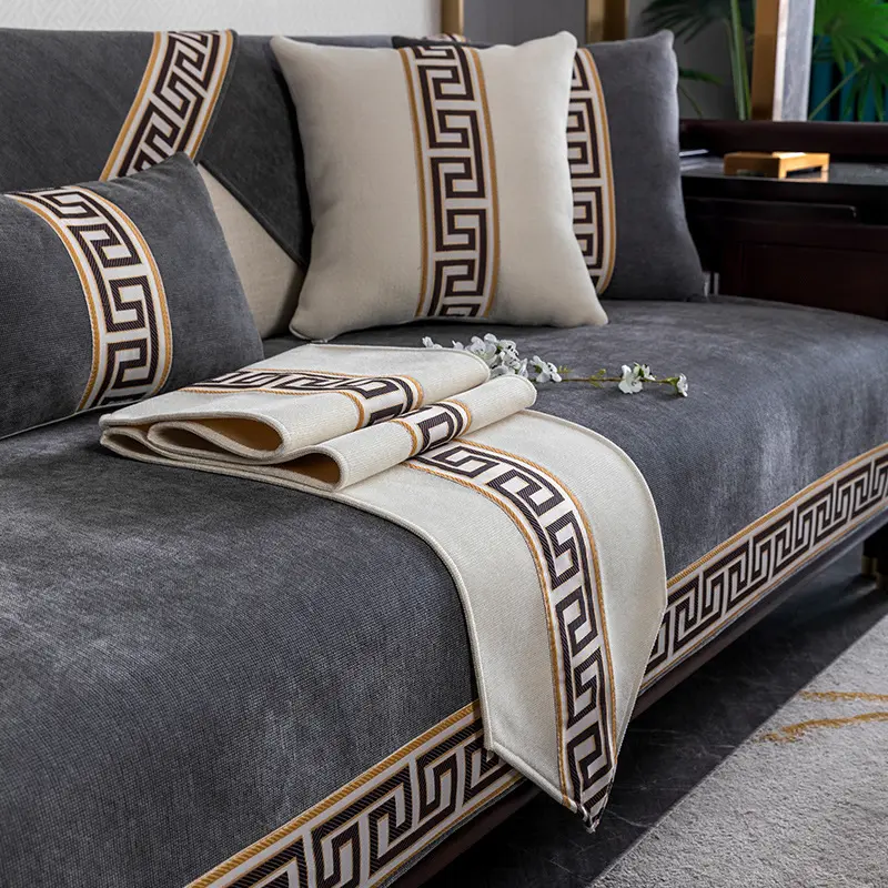 Deluxe Snowflake Sofa Cover Slipcover,Chinese Anti-slip High-end Solid Wood sofa cushion, Armrest and Backrest Cloth All Seasons