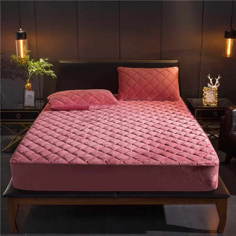 Coral FleeceThicken Quilted Mattress Cover Short Plush Quilted  Bed Fitted Sheet Queen Double Bed Cover Not Including Pillowcase
